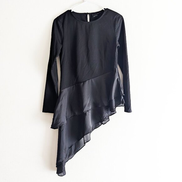 Long Sleeve Asymmetric Hem Detail Top in Black - Picture 1 of 3